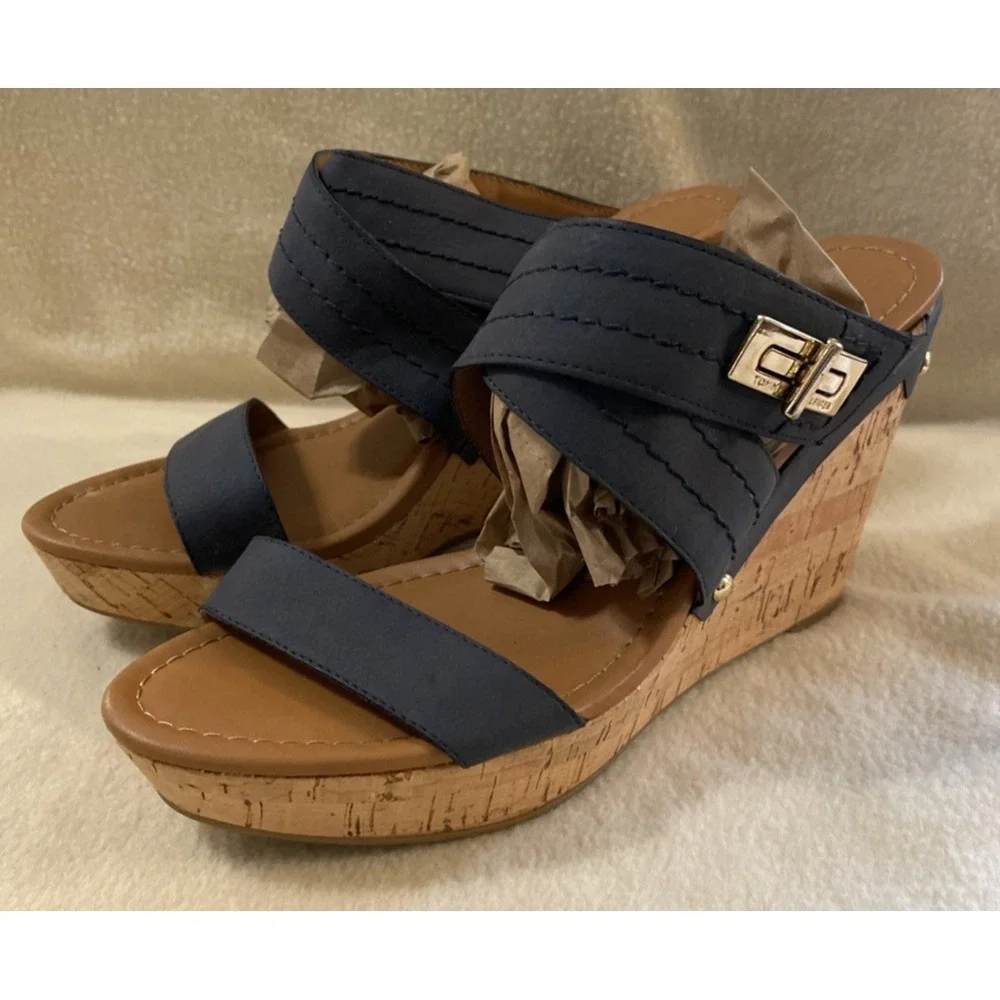 Tommy Hilfiger Women's Size 10 Blue Strappy Cork Wedge Sandals Platform Buckle